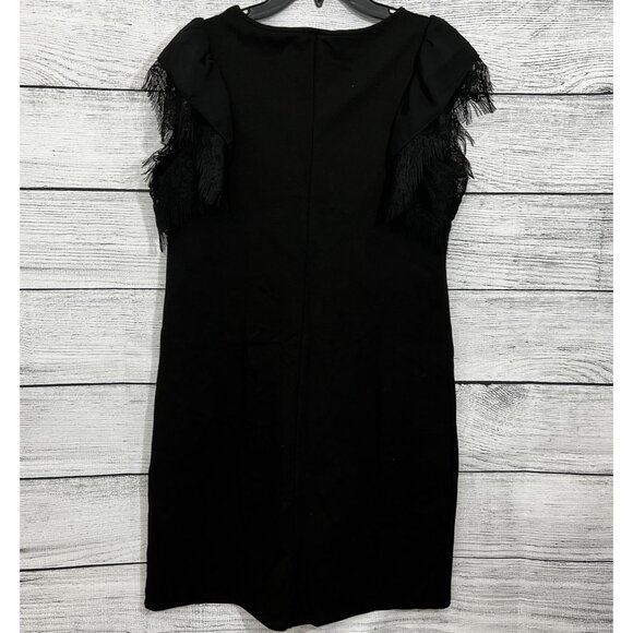 Benetton Black Dress With Lace Fringe Sleeves & Ruffle Detail, Size Medium - Picture 2 of 4